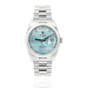 CleanFactory ROLEX DAY-DATE 118206 36mm Platino Quadrante Ghiaccio Blu Diamanti