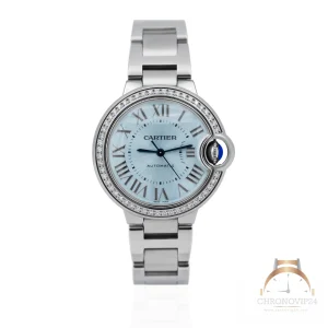 CleanFactory CARTIER BALLON BLEU W4BB0028 33mm Acciaio Quadrante Argentato Blu e Lunetta Diamanti